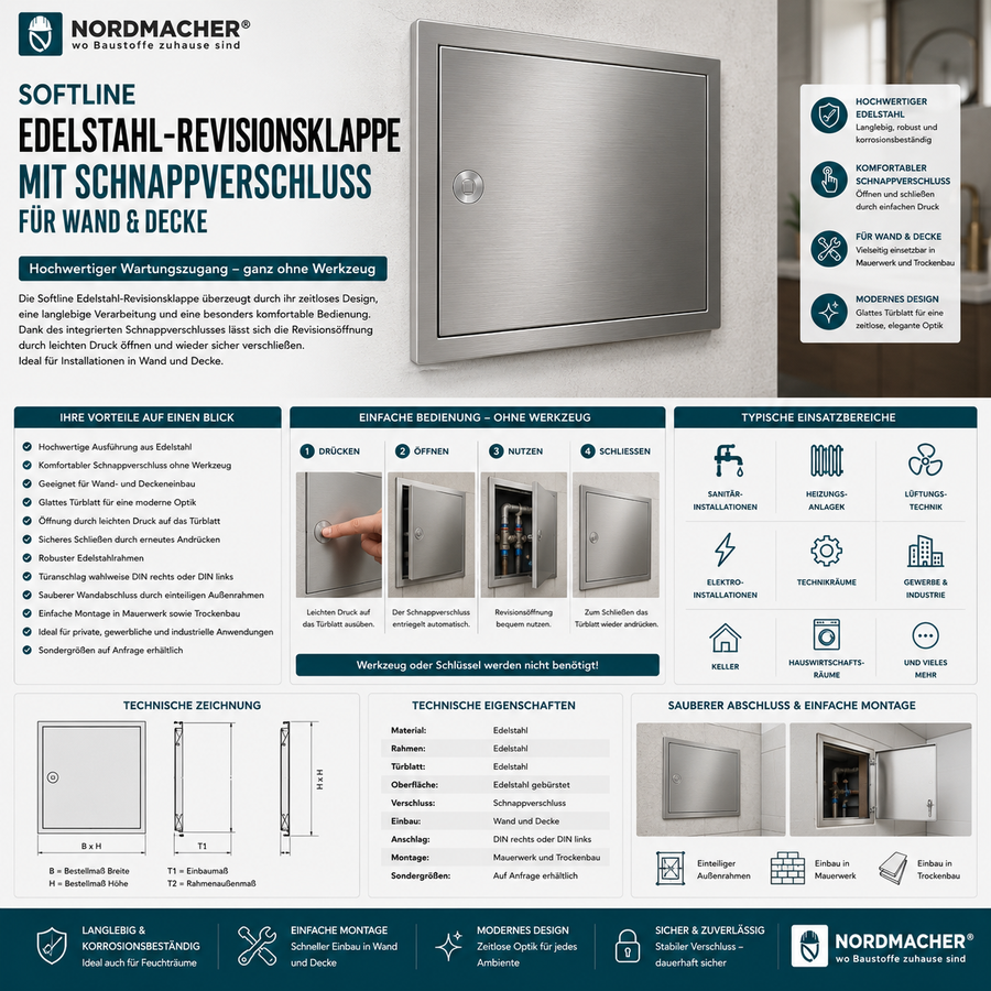 Softline Edelstahl Revisionsklappe mit Schnappverschluss für Wand- und Deckeneinbau