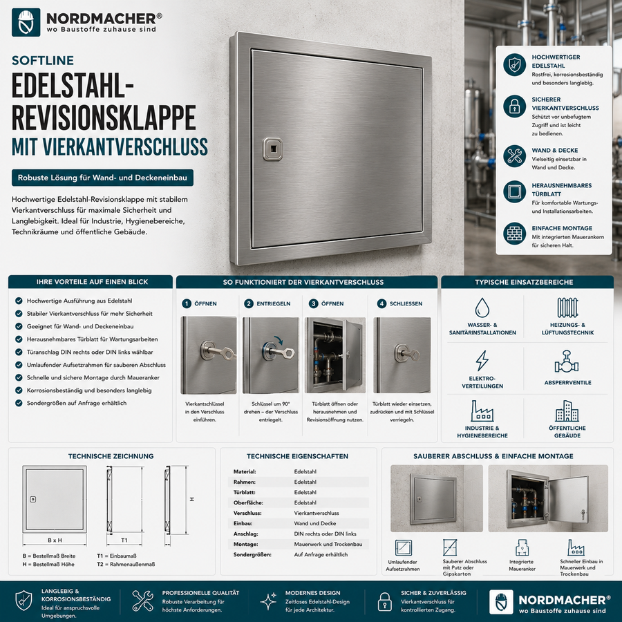 Softline Edelstahl-Revisionsklappe mit Vierkantverschluss für Wand- und Deckeneinbau