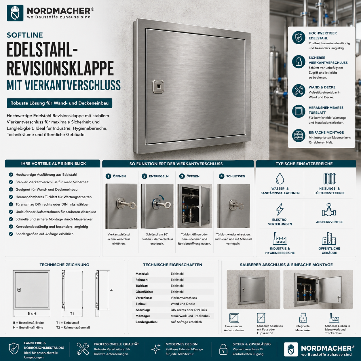 Softline Edelstahl-Revisionsklappe mit Vierkantverschluss für Wand- und Deckeneinbau