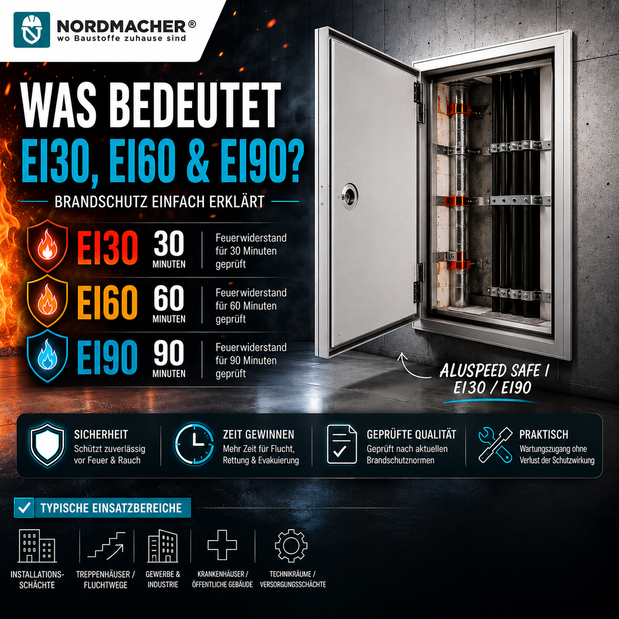 Brandschutz-Revisionsklappe mit Feuerwiderstandsklasse EI30 und EI90 für Installationsschachtwände