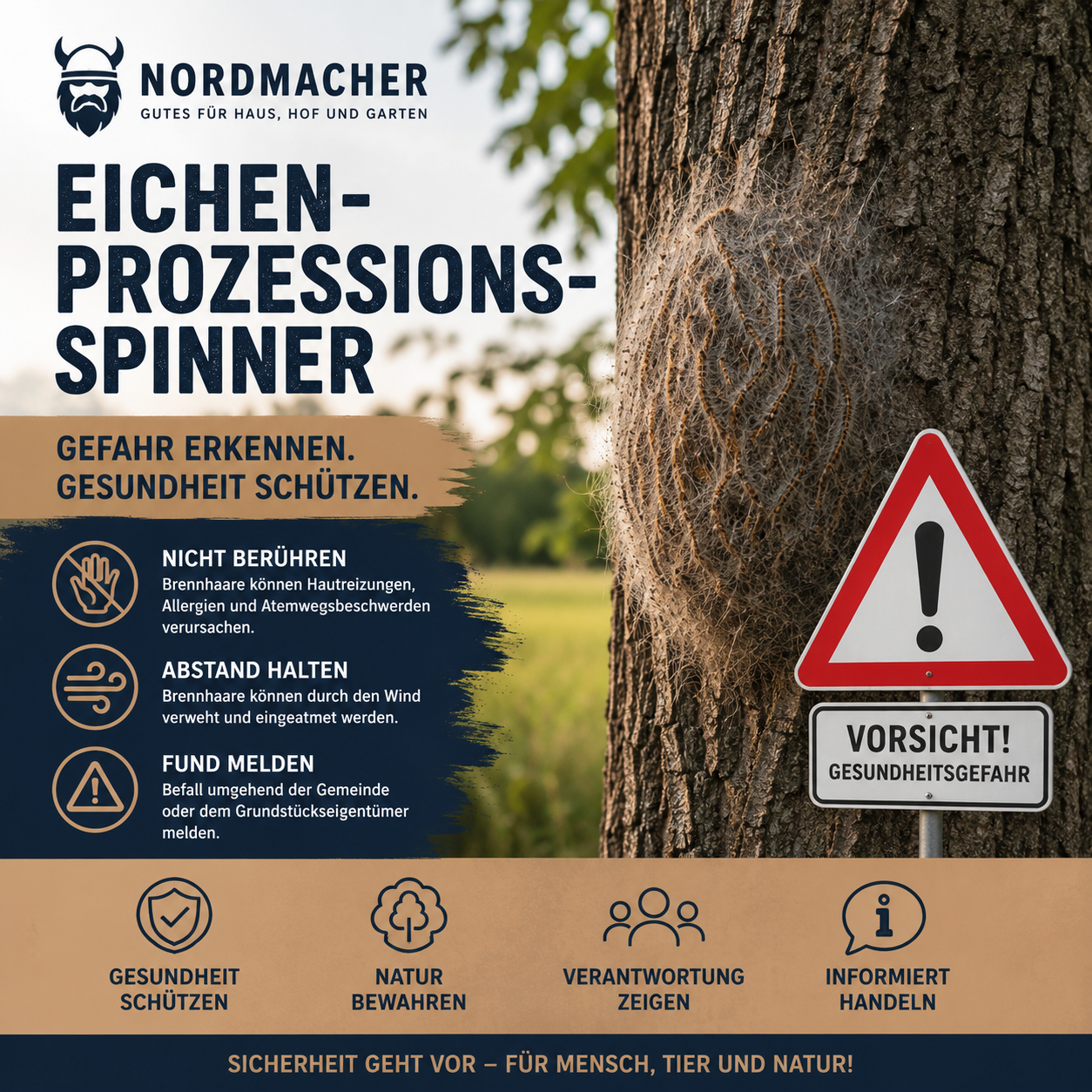 Gespinst des Eichenprozessionsspinners an einer Eiche mit Warnmarkierung – Vorsicht vor gesundheitsschädlichen Brennhaaren.