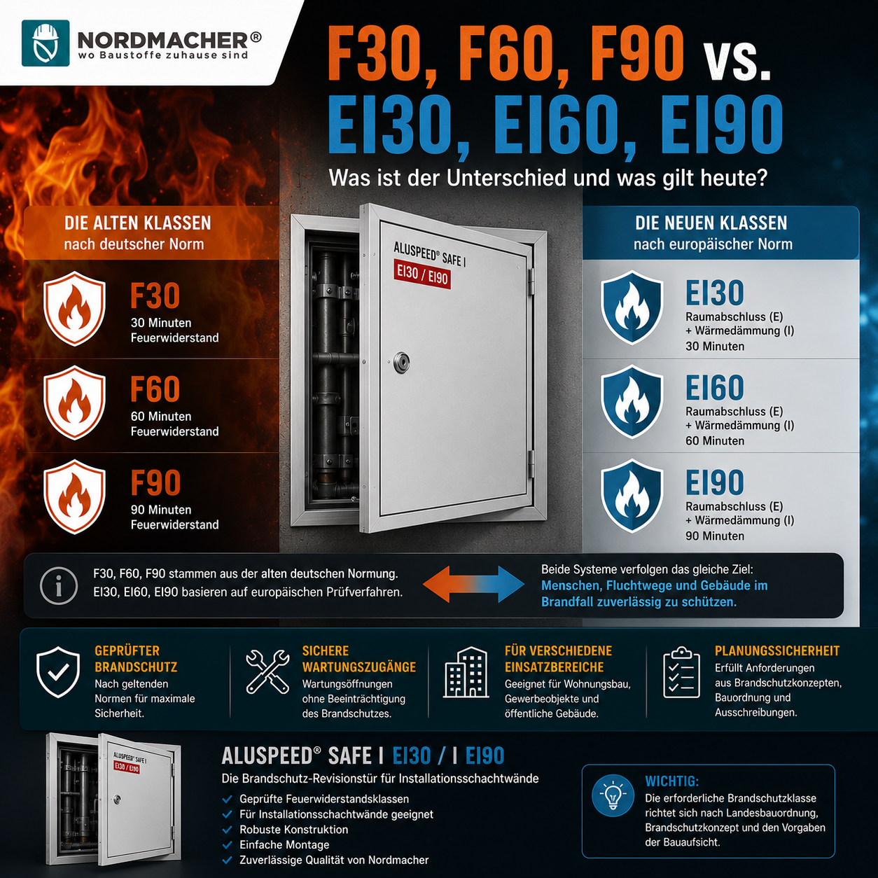 Vergleich der Brandschutzklassen F30, F60 und F90 mit den modernen EI30-, EI60- und EI90-Klassifizierungen