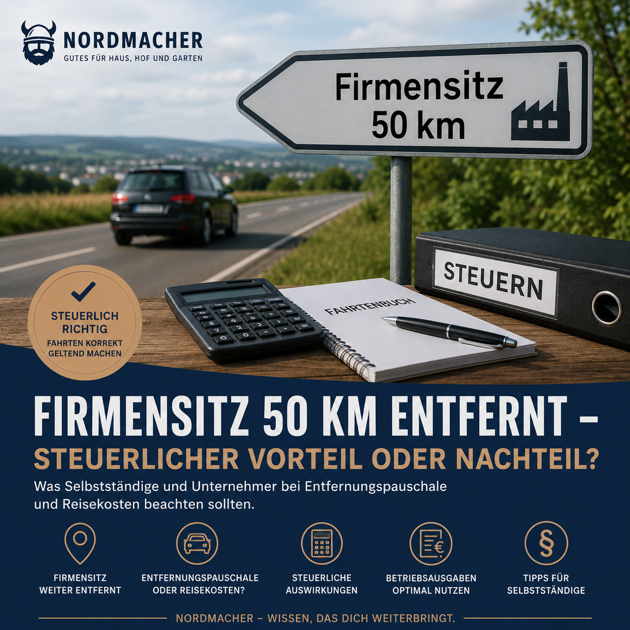 Selbstständiger fährt vom Wohnort zum 50 Kilometer entfernten Firmensitz und prüft die steuerlichen Auswirkungen.