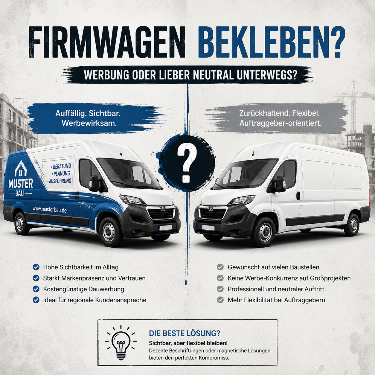 Vergleich zwischen beschriftetem Firmenfahrzeug und neutralem Handwerker-Transporter