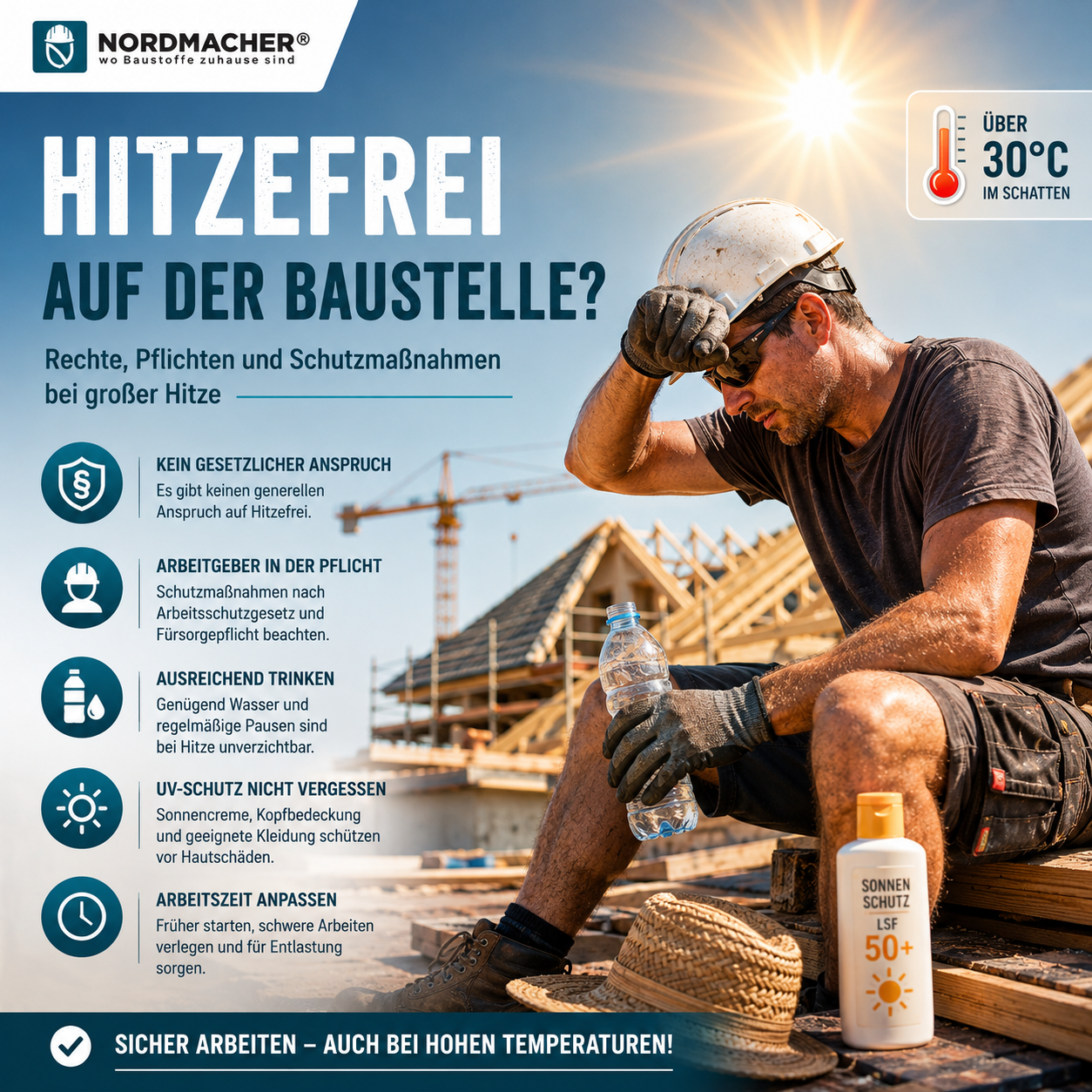 Handwerker auf einer Baustelle bei großer Sommerhitze mit Sonnenschutz und Trinkpause