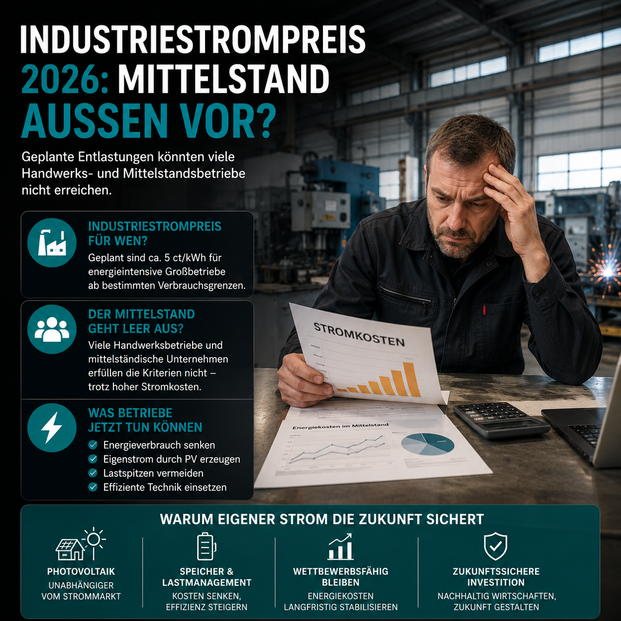 Industriebetrieb mit hohen Energiekosten und Diskussion um den Industriestrompreis 2026