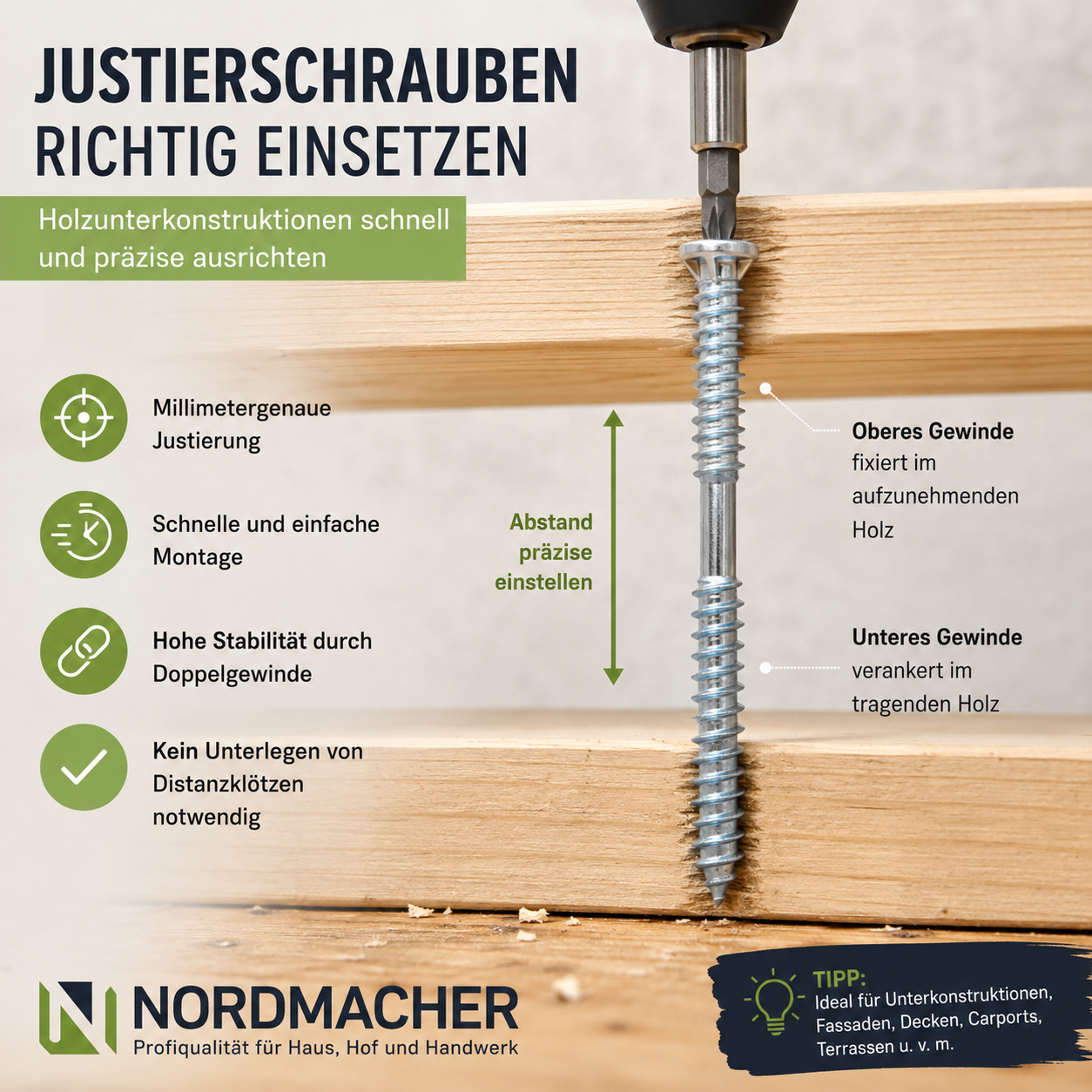 Justierschraube mit Doppelgewinde zur präzisen Ausrichtung einer Holzunterkonstruktion – Montageanleitung und Anwendung im Holzbau.
