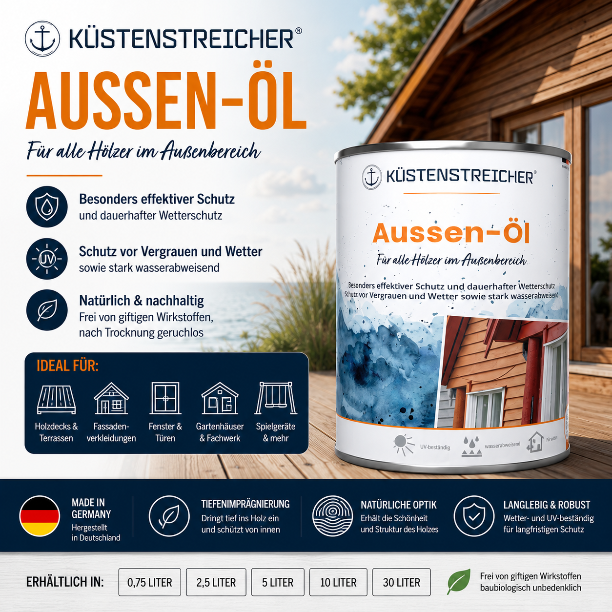 Küstenstreicher® Außen-Öl – natürlicher Holzschutz für den Außenbereich