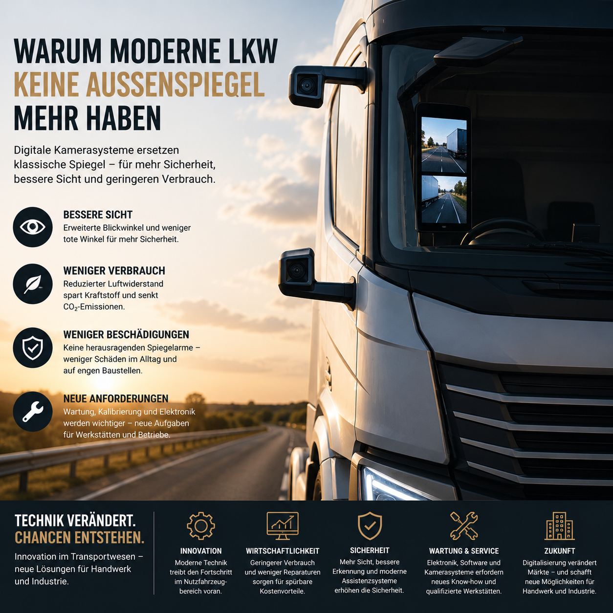 Moderner Lastwagen mit digitalen Kamerasystemen anstelle klassischer Außenspiegel