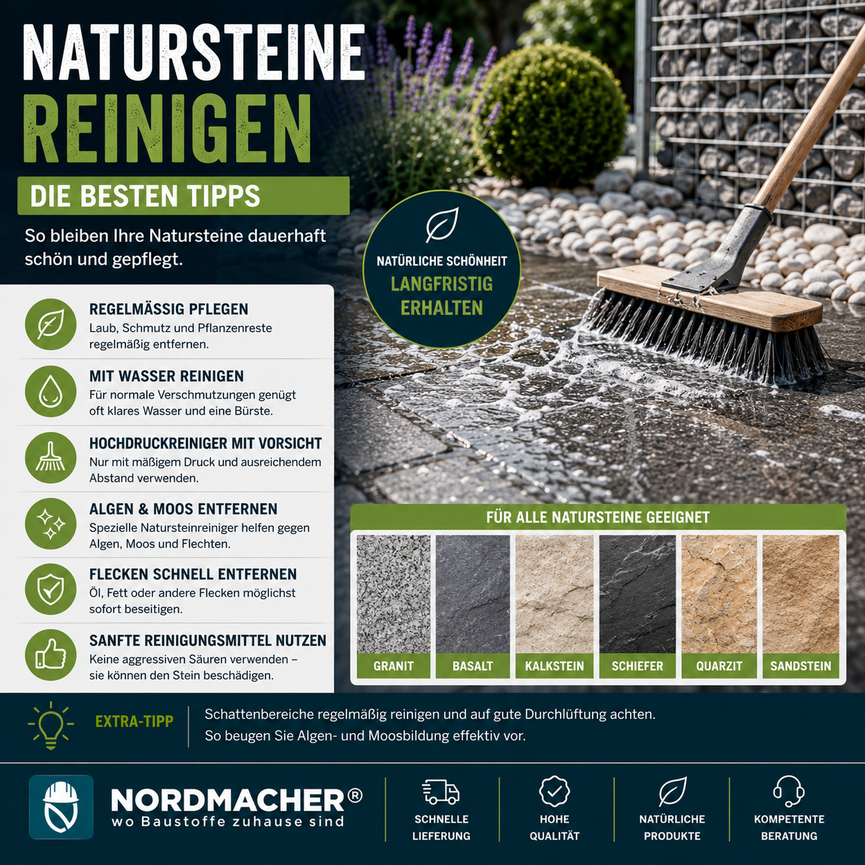 Reinigung von Natursteinen im Garten mit Wasser und Bürste
