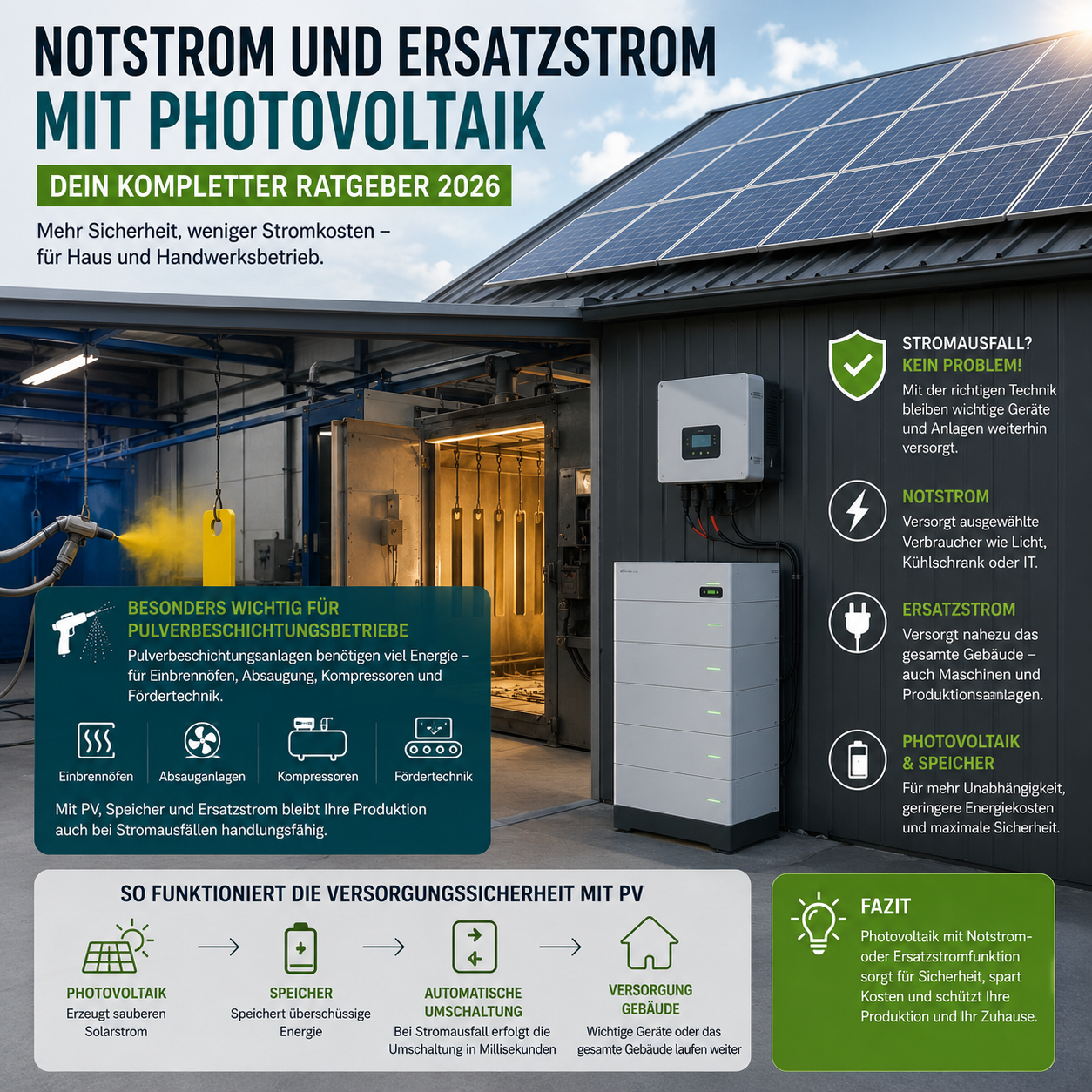 Photovoltaikanlage mit Batteriespeicher und Notstromversorgung für Haus und Handwerksbetrieb