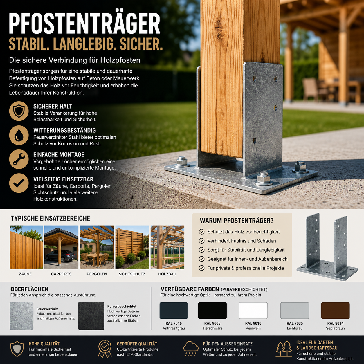 Pfostenträger zur sicheren Befestigung von Holzpfosten für Zaun und Carport
