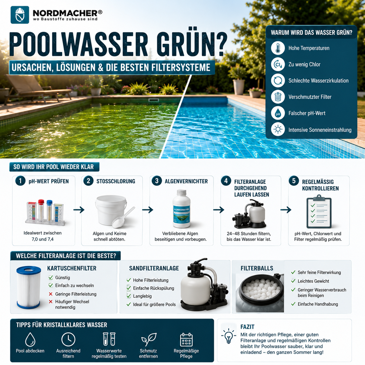 Grüner Swimmingpool mit Vergleich verschiedener Filtersysteme und Hinweisen zur richtigen Poolpflege