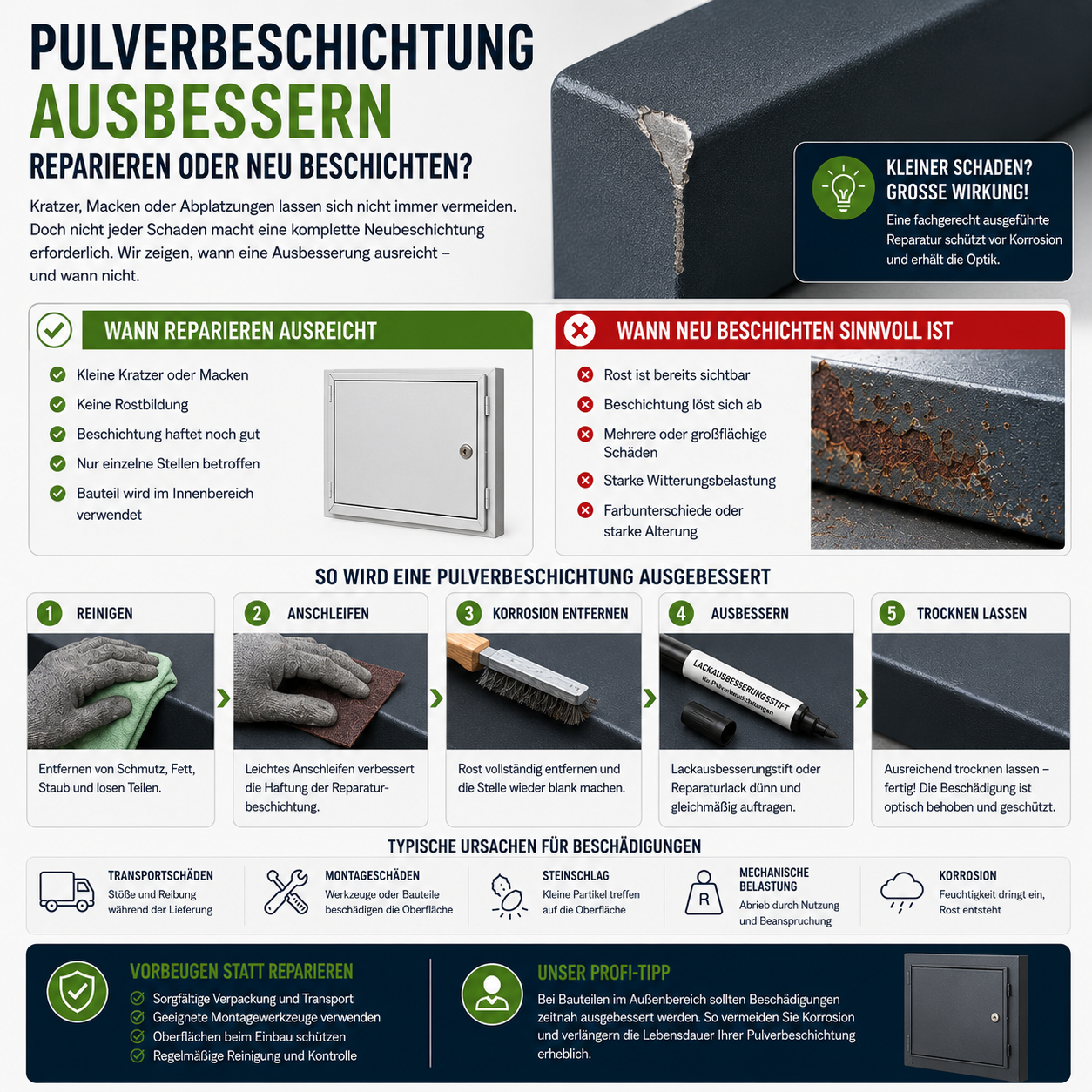 Beschädigte Pulverbeschichtung auf Metallbauteil mit Kratzer und Reparaturbereich