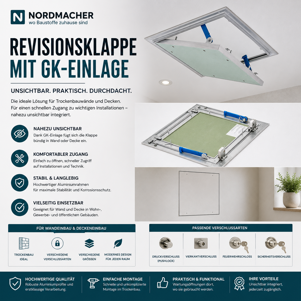 Geöffnete Revisionsklappe mit GK-Einlage für Trockenbauwand und Decke