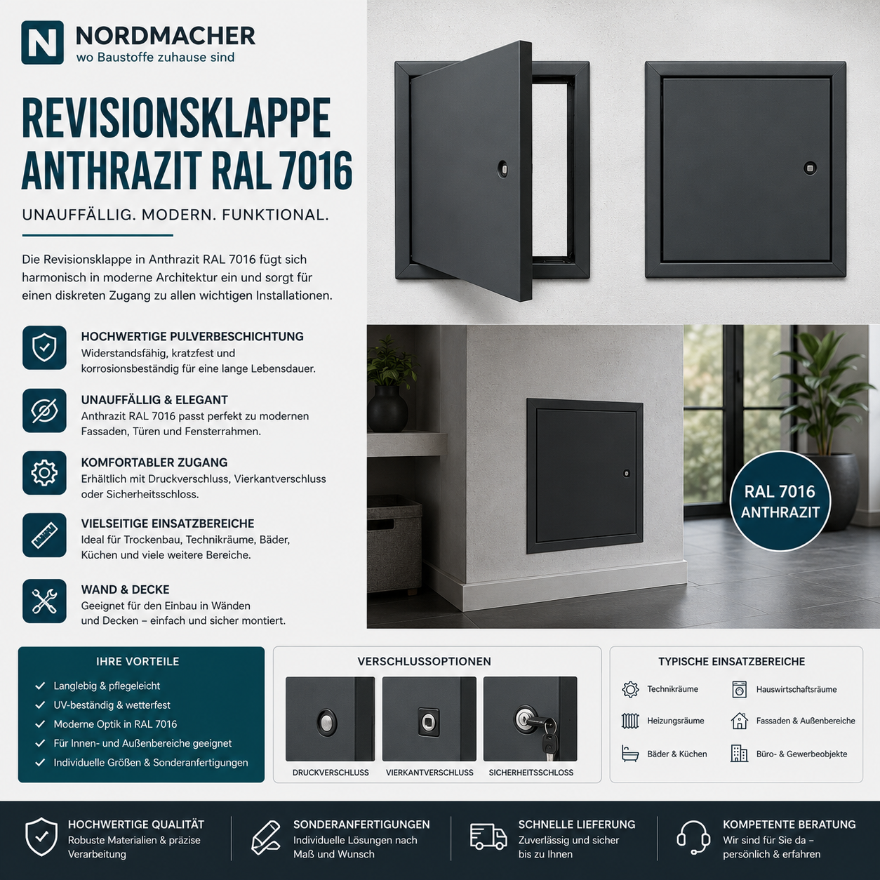 Anthrazit pulverbeschichtete Revisionsklappe in RAL 7016 für Wand- und Deckeneinbau