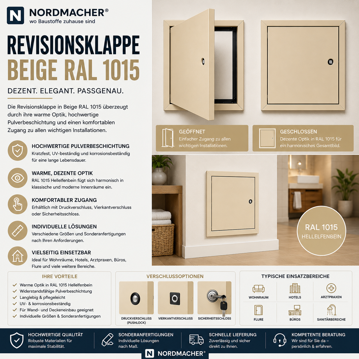 Beige pulverbeschichtete Revisionsklappe in RAL 1015 für Wand- und Deckeneinbau