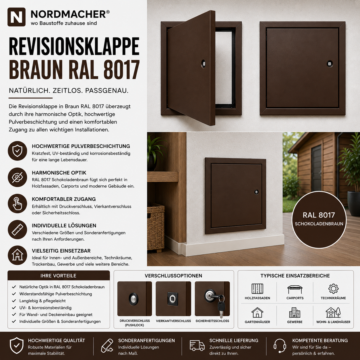Braun pulverbeschichtete Revisionsklappe in RAL 8017 für Wand- und Deckeneinbau