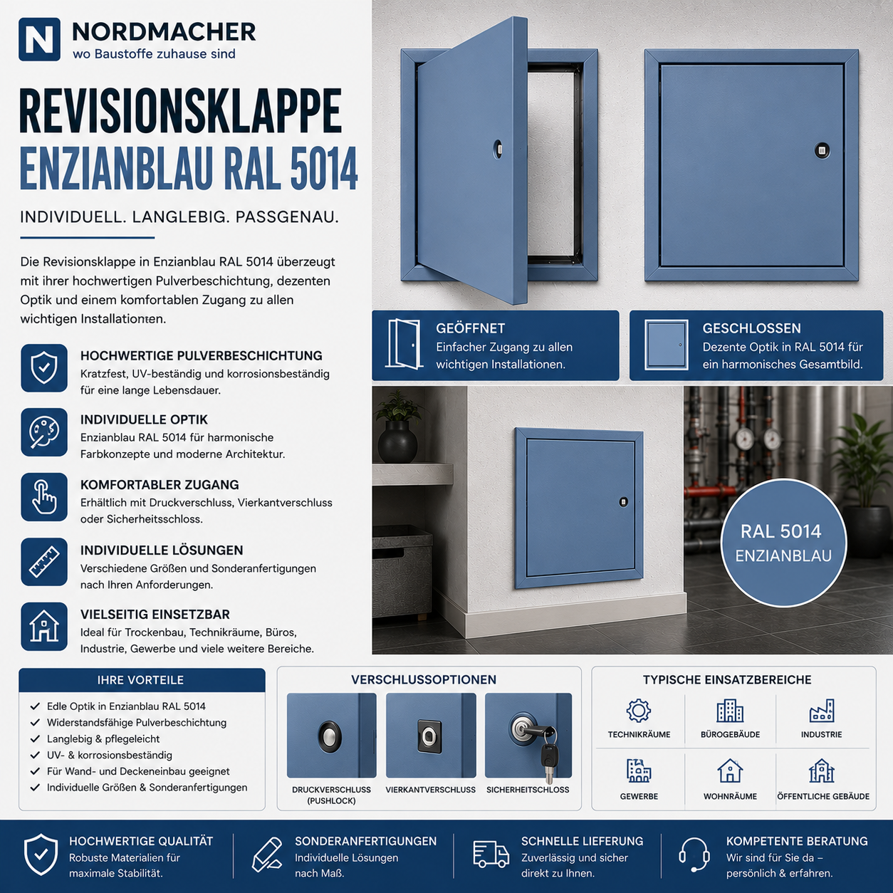 Pulverbeschichtete Revisionsklappe in Enzianblau RAL 5014 für Wand- und Deckeneinbau