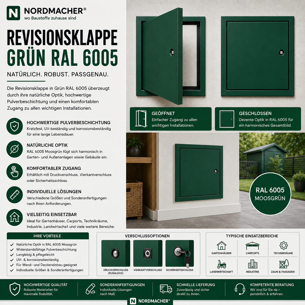 Moosgrün pulverbeschichtete Revisionsklappe in RAL 6005 für Wand- und Deckeneinbau