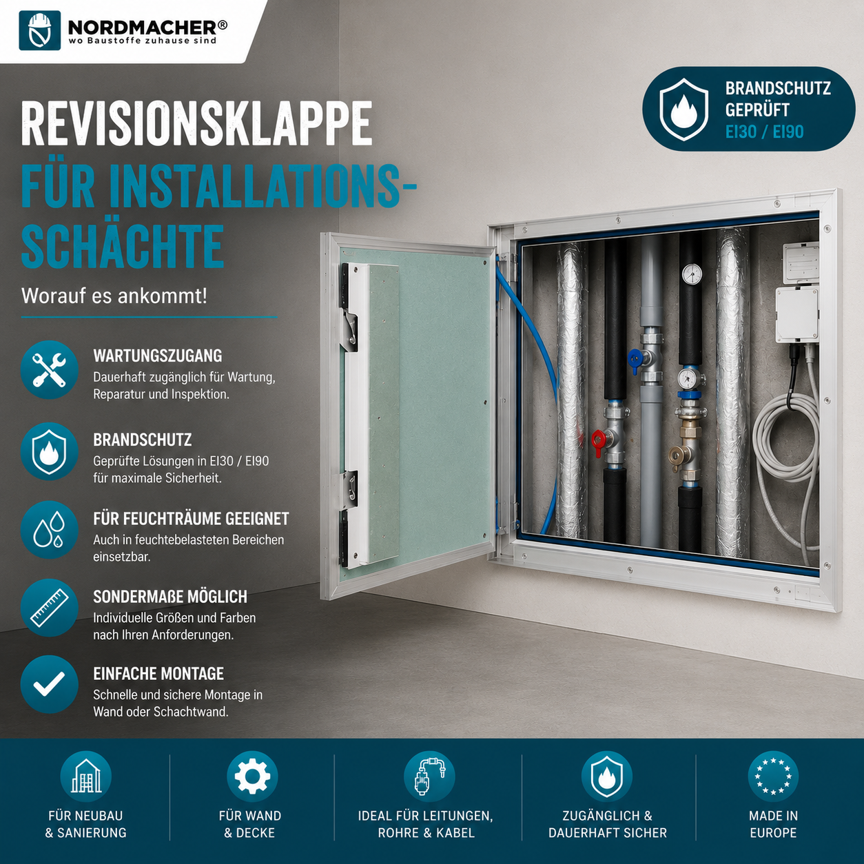 Revisionsklappe und Brandschutz-Revisionstür für einen Installationsschacht in einer Trockenbauwand
