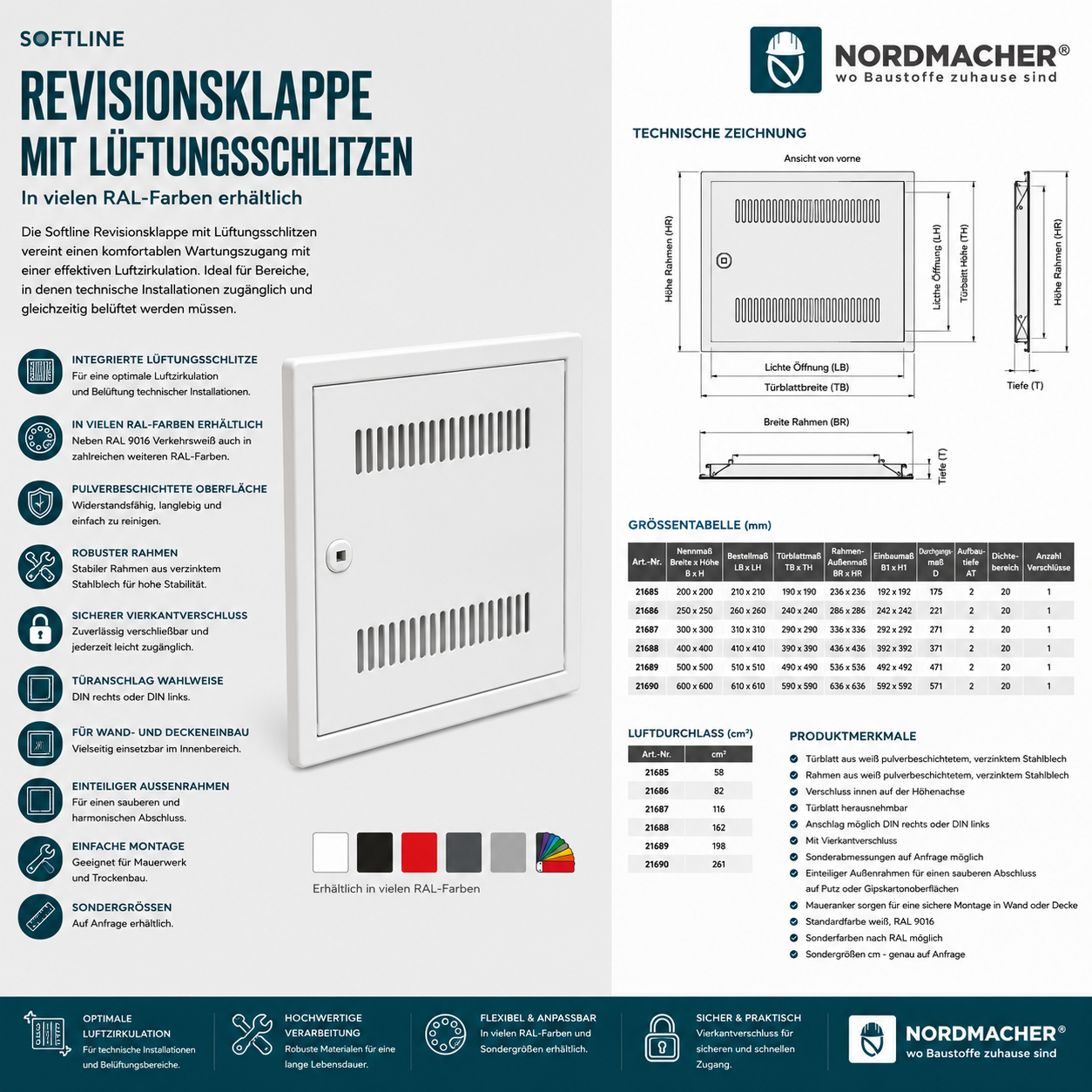 Softline Revisionsklappe mit Lüftungsschlitzen und Vierkantverschluss für Wand- und Deckeneinbau