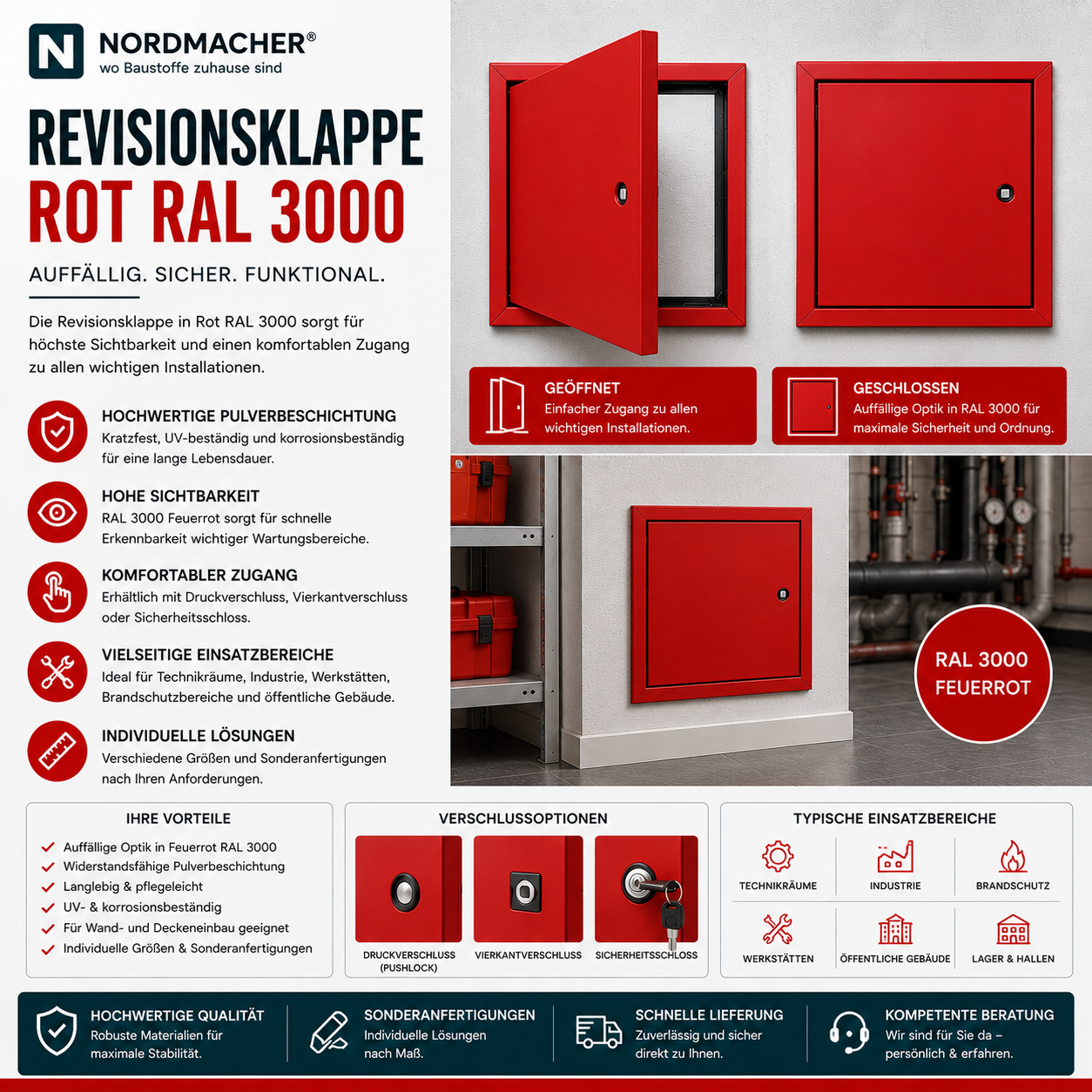 Rot pulverbeschichtete Revisionsklappe in RAL 3000 für Wand- und Deckeneinbau