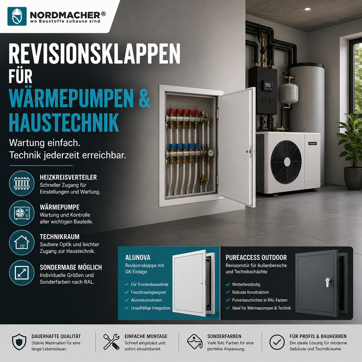 Revisionsklappe für Heizkreisverteiler und Wärmepumpentechnik in einem modernen Technikraum