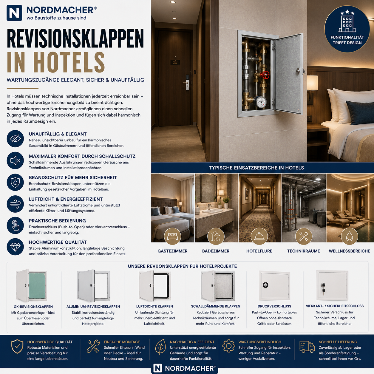 Moderne Revisionsklappe in einem Hotel für Technik- und Wartungszugänge
