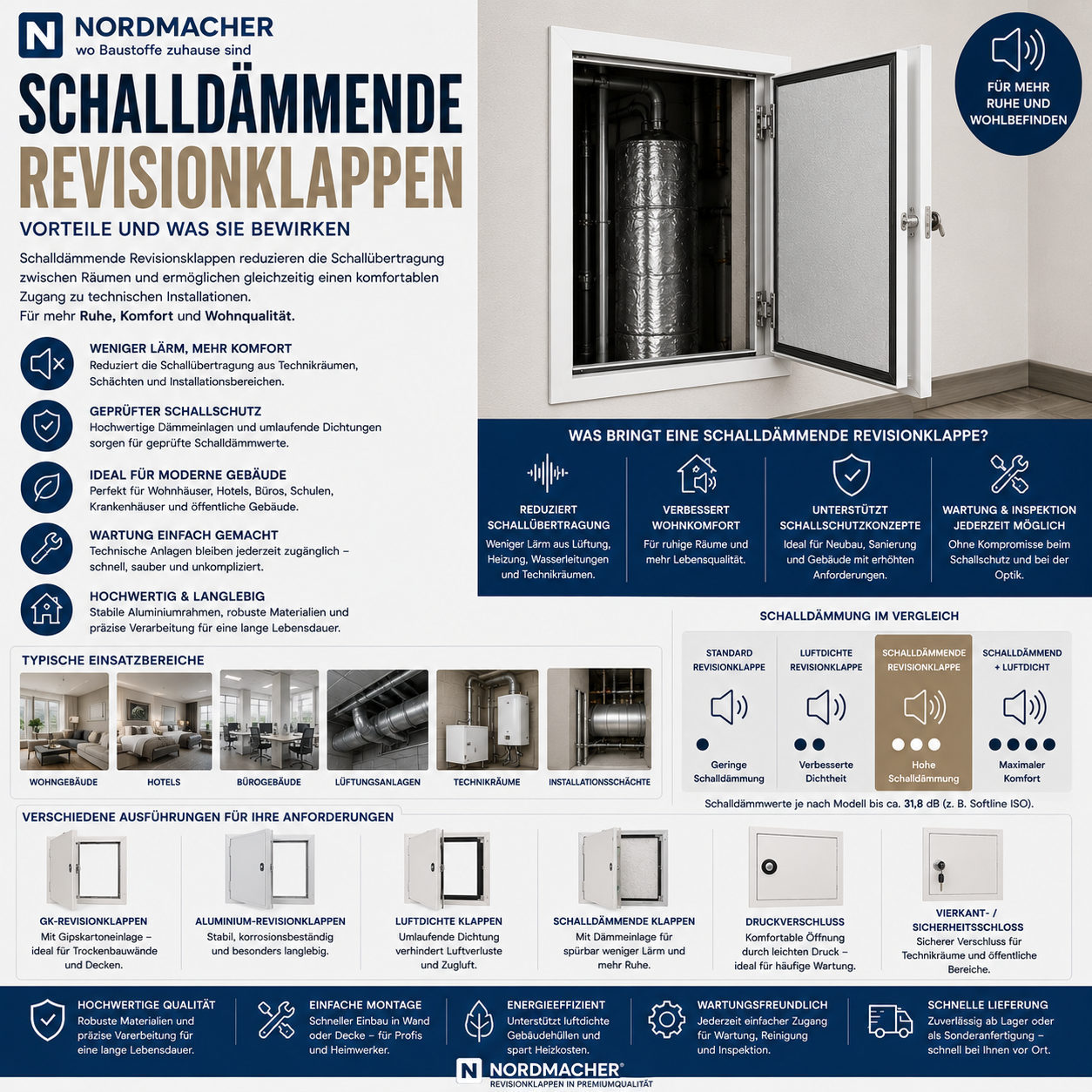 Schalldämmende Revisionsklappe mit Dämmeinlage für Trockenbauwände und Decken