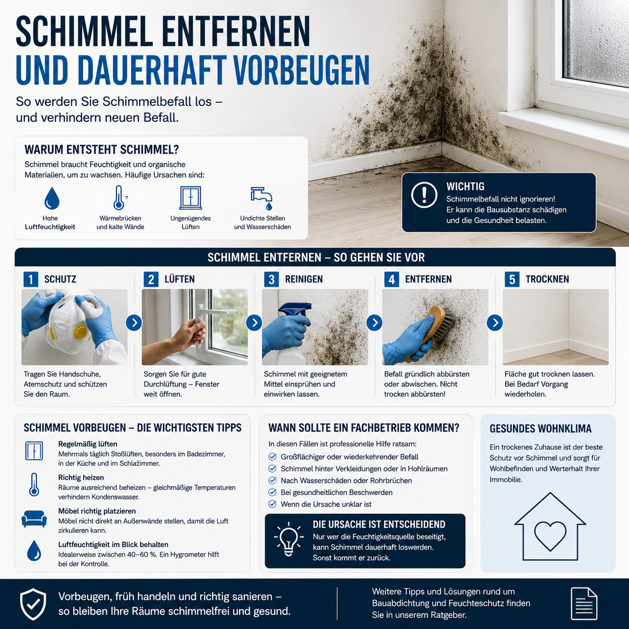 Schimmelbefall an einer Innenwand und Maßnahmen zur Schimmelbeseitigung