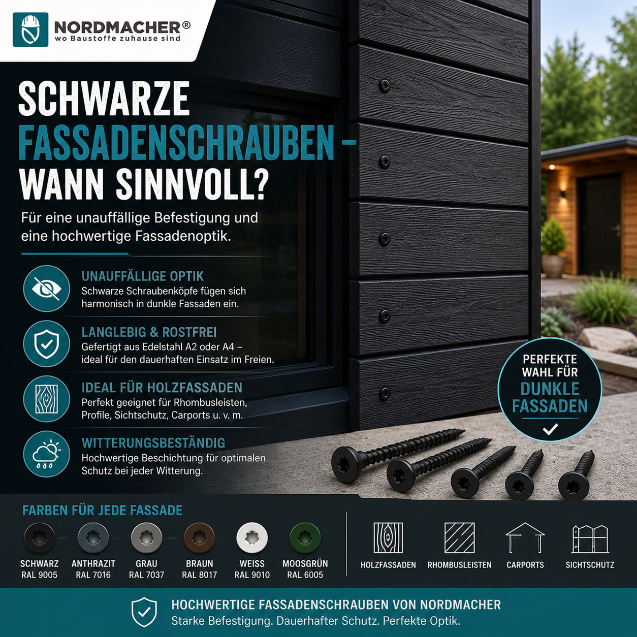 Schwarze Fassadenschrauben an moderner Holzfassade mit Rhombusleisten im Außenbereich