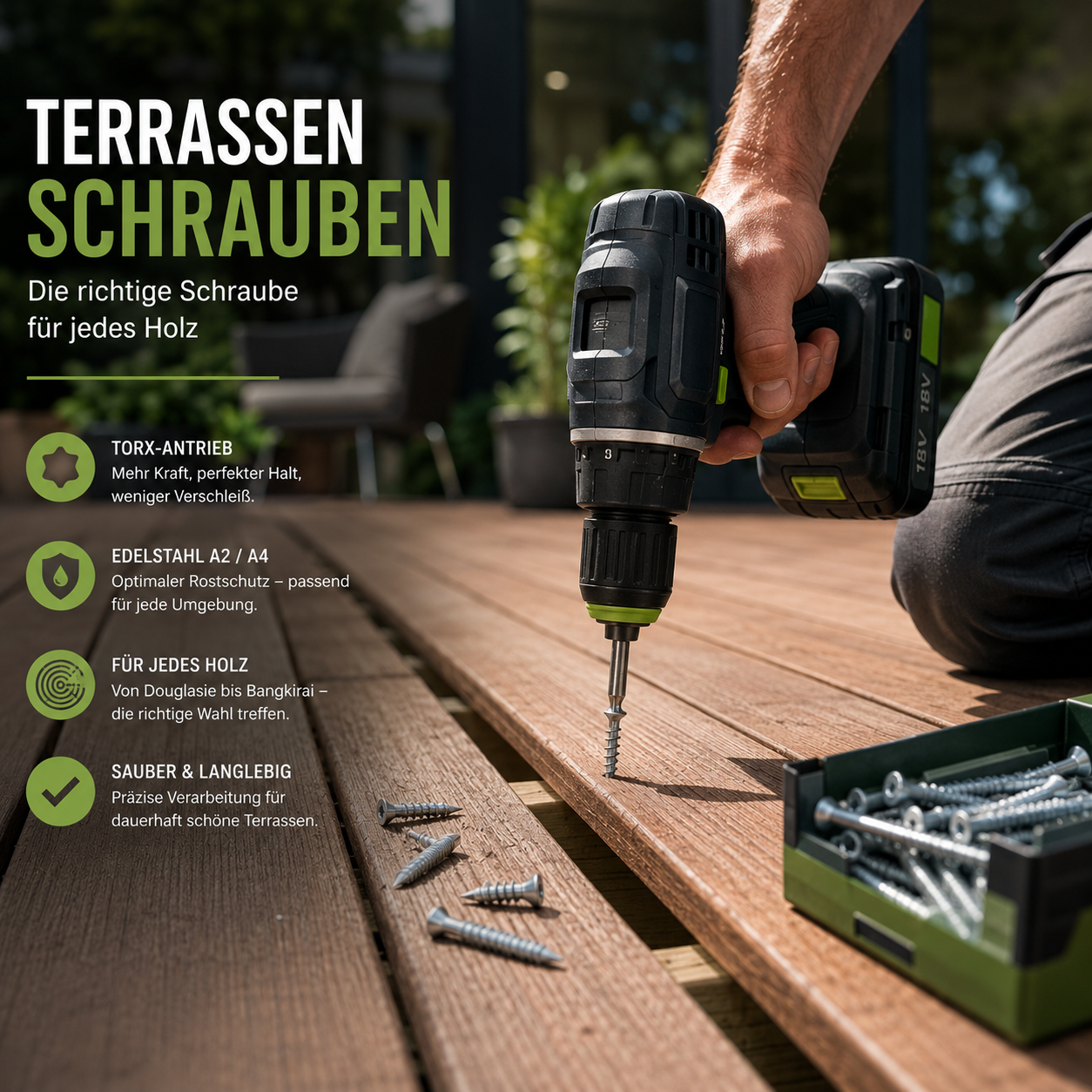 Terrassenschrauben aus Edelstahl bei der Montage einer Holzterrasse im Außenbereich