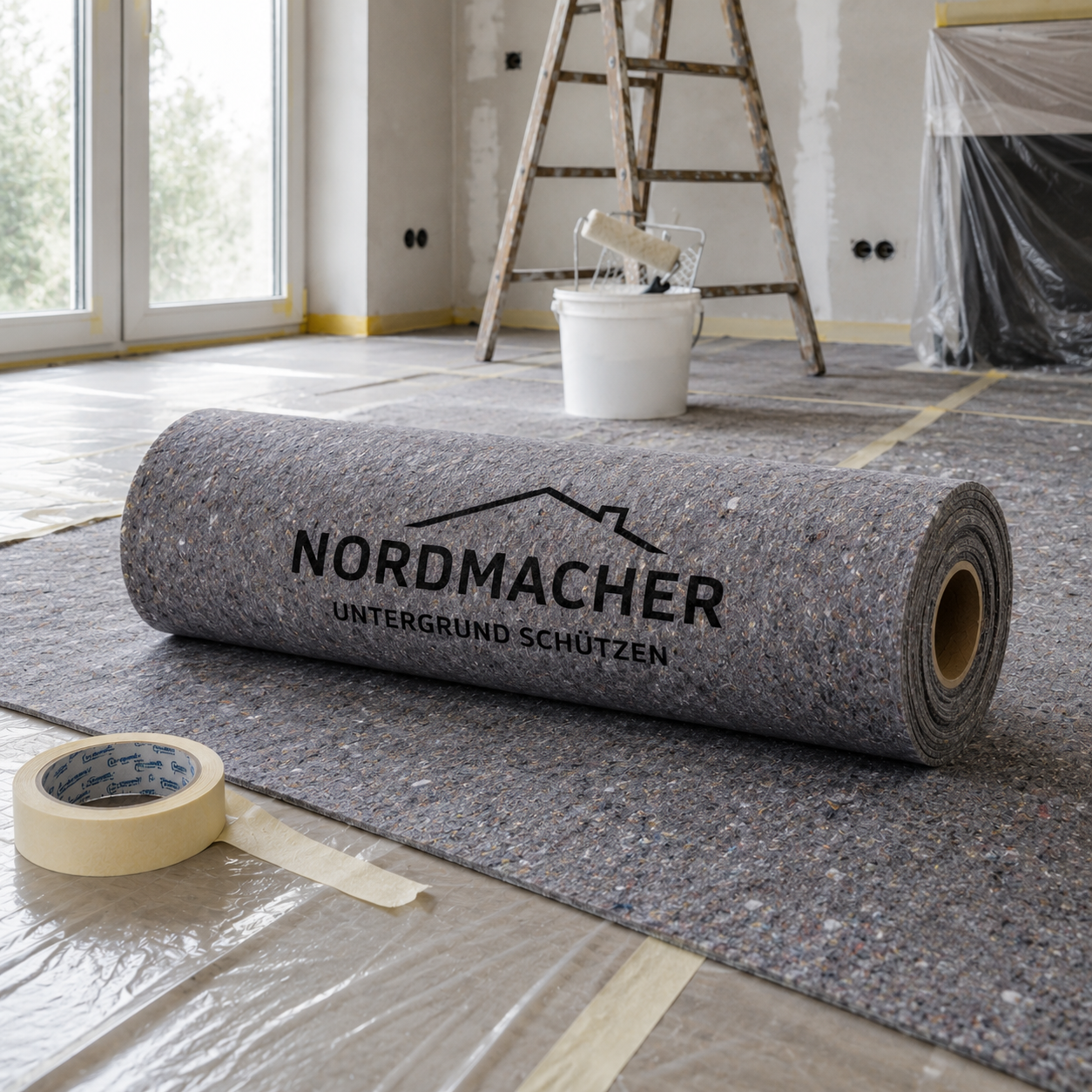 Abgedeckter Boden bei Renovierungsarbeiten zum Schutz vor Farbe, Staub und Beschädigungen