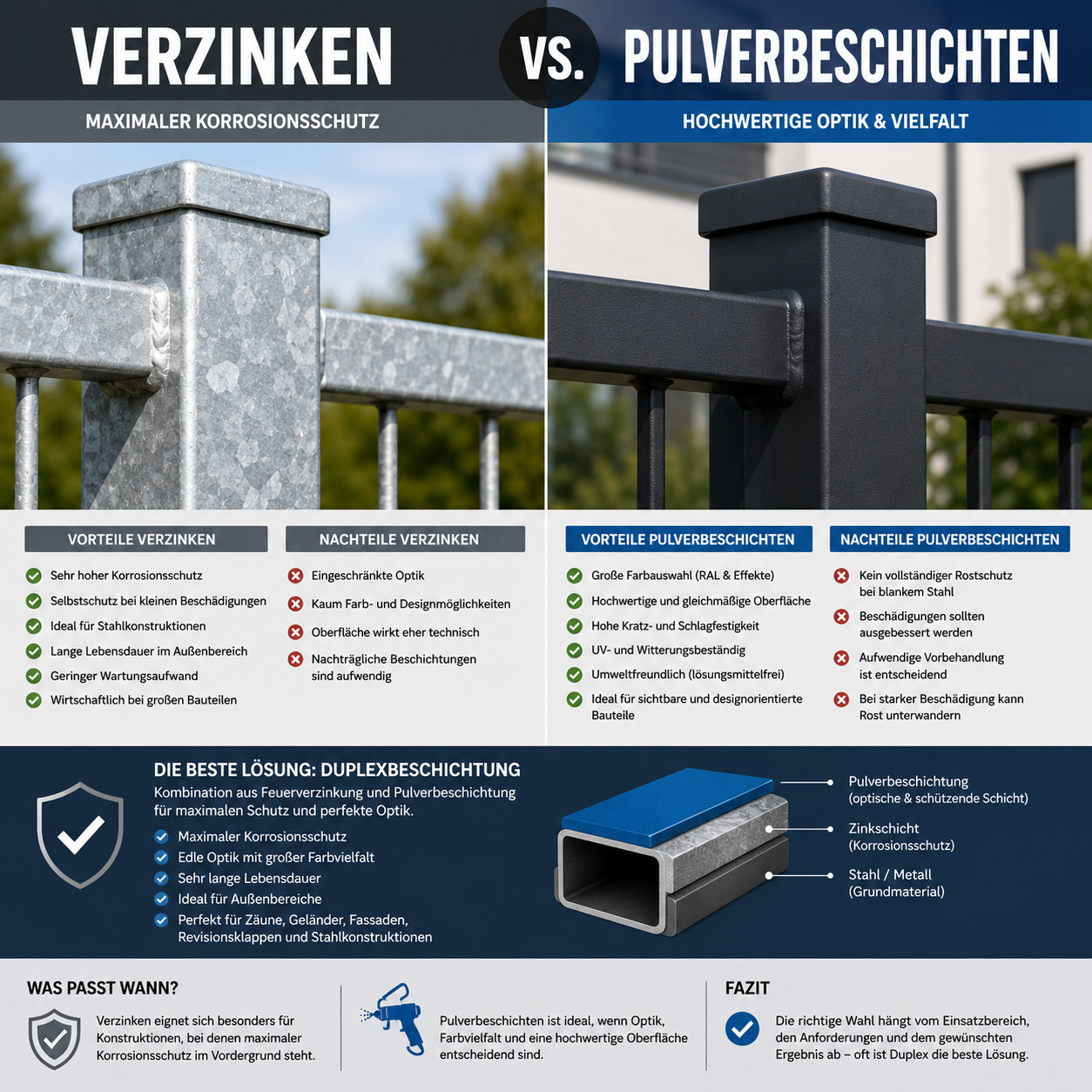 Vergleich zwischen verzinkter und pulverbeschichteter Metalloberfläche im Außenbereich