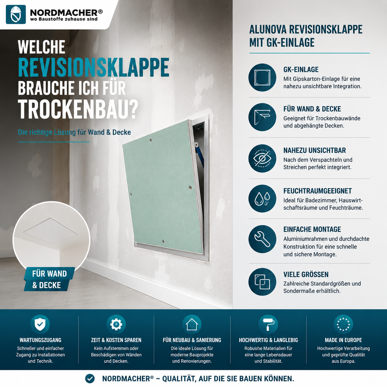 AluNova Revisionsklappe mit GK-Einlage in einer Trockenbauwand für Wartungs- und Revisionsöffnungen