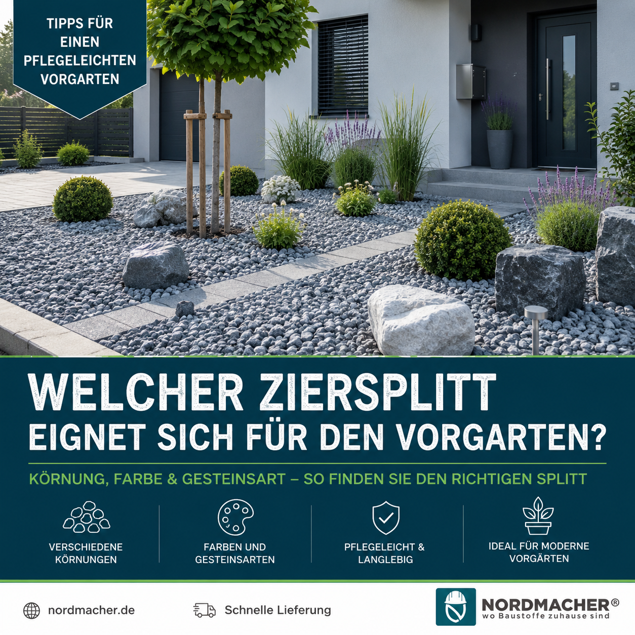 Moderner Vorgarten mit hellem Ziersplitt, Natursteinen und pflegeleichter Bepflanzung
