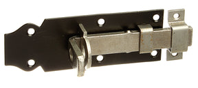 Schlossriegel gerade mit Schlaufe 120 mm blau verzinkt – Platte schwarz lackiert, flacher Griff, 1 Stück