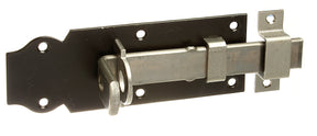 Schlossriegel gerade mit Schlaufe 140 mm blau verzinkt – Platte schwarz lackiert, flacher Griff, 1 Stück