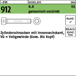 DIN 912 8.8 galvanisch verzinkt mit Gewinde bis Kopf (Vollgewinde) - Zylinderschrauben