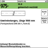 DIN 975 10.9 galvanisch verzinkt A2F, getempert - Gewindestangen - Länge 1,00 m