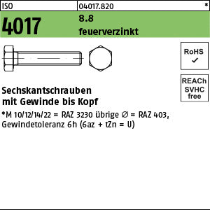 ISO 4017 8.8 U feuerverzinkt, Gewindetol. 6h feuerverzinkt - Sechskantschrauben