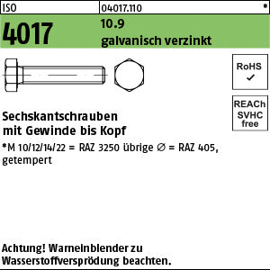 ISO 4017 10.9 galvanisch verzinkt A2F, getempert - Sechskantschrauben