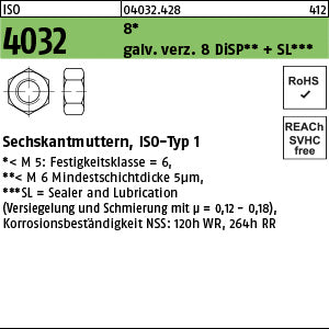 ISO 4032 6-8 galvanisch verzinkt DiSP + SL gal Zink-Dispersion - Sechskantmuttern