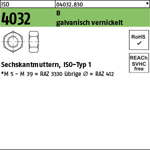 ISO 4032 6-8 galvanisch vernickelt E1A - Sechskantmuttern