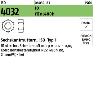 ISO 4032 10 Zinklamelle L/nc/x/x/480h/C Zinklamelle - Sechskantmuttern