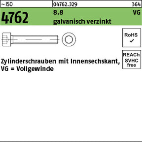 ISO 4762 8.8 galvanisch verzinkt mit Gewinde bis Kopf (Vollgewinde) - Zylinderschrauben