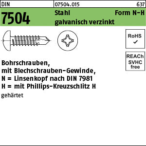 DIN 7504 Stahl N Phillips/Kreuzschlitz galvanisch verzinkt, Linsenkopf - Bohrschrauben