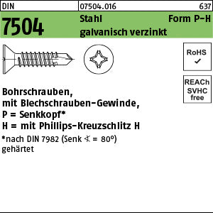 DIN 7504 Stahl P Phillips/Kreuzschlitz galvanisch verzinkt, Senkkopf - Bohrschrauben
