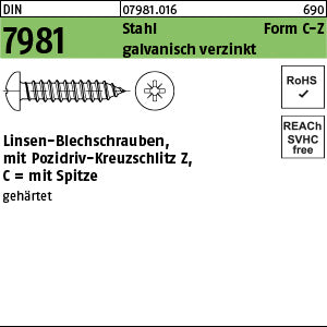 DIN 7981 Stahl Form C Pozidriv/Kreuzschlitz galvanisch verzinkt passiviert - Blechschrauben